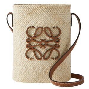 LOEWE PAULAS IBIZA SQUARE POCKET LEATHER-TRIMMED RAFFIA BUCKET BAG