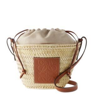 LOEWE PAULAS IBIZA LEATHER-TRIMMED RAFFIA BUCKET BAG