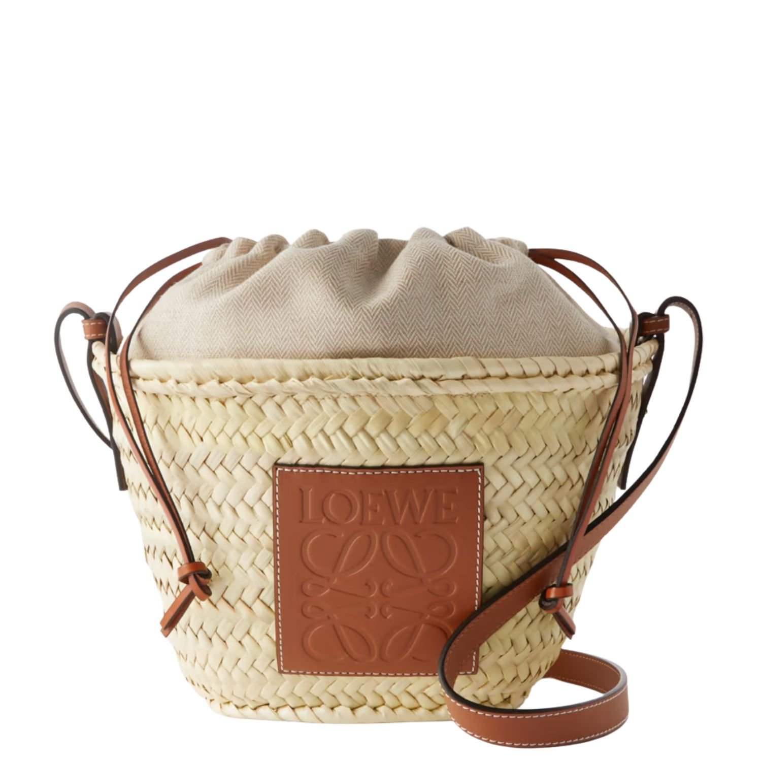 LOEWE PAULAS IBIZA LEATHER-TRIMMED RAFFIA BUCKET BAG