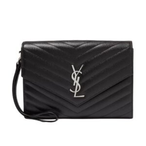 SAINT LAURENT CASSANDRE MATELASSÉ LEATHER CLUTCH BAG BLACK