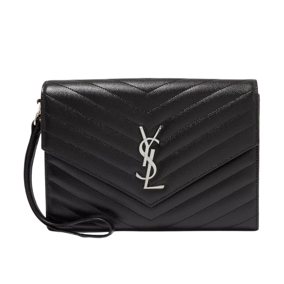 SAINT LAURENT CASSANDRE MATELASSÉ LEATHER CLUTCH BAG BLACK