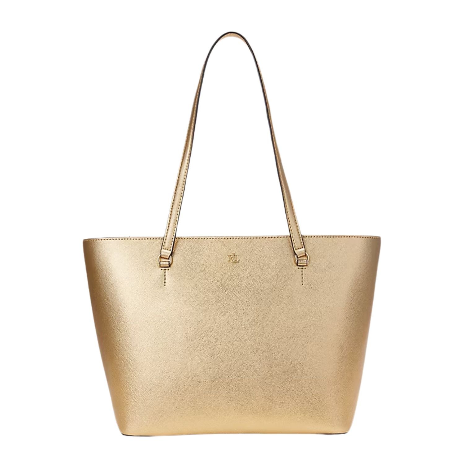 RALPH LAUREN CROSSHATCH LEATHER MEDIUM KARLY SHOPPER TOTE MODERN GOLD
