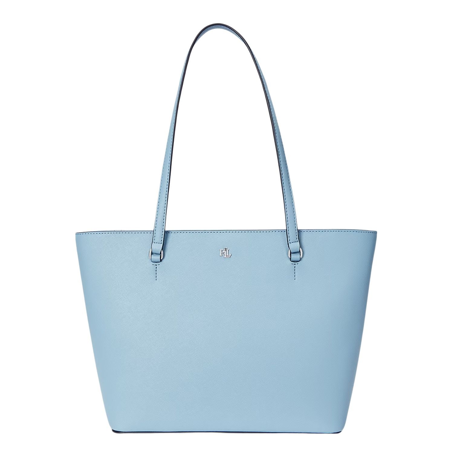 RALPH LAUREN CROSSHATCH LEATHER MEDIUM KARLY SHOPPER TOTE SKY BLUE