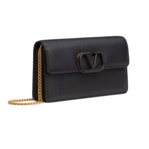 VALENTINO GARAVANI LEATHER WALLET ON CHAIN BLACK