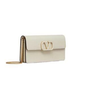 VALENTINO GARAVANI LEATHER WALLET ON CHAIN LIGHT IVORY
