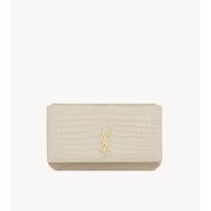 SAINT LAURENT CASSANDRE PHONE HOLDER IN SHINY CROCODILE-EMBOSSED LEATHER BLANC VINTAGE