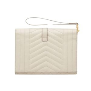 SAINT LAURENT WOMEN’S ENVELOPE FLAP POUCH IN MIX MATELASSÉ GRAIN DE POUDRE LEATHER BLANC VINTAGE
