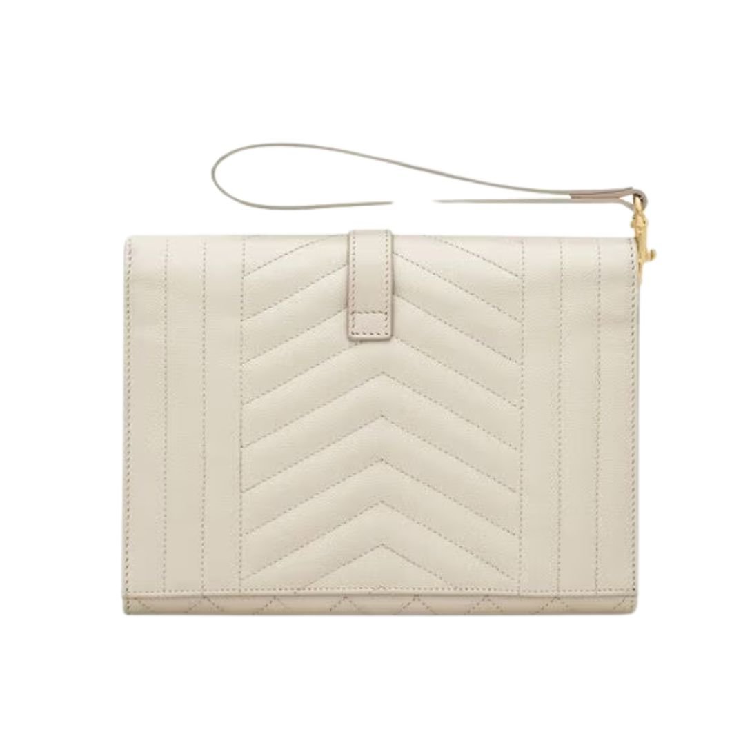 SAINT LAURENT WOMEN'S ENVELOPE FLAP POUCH IN MIX MATELASSÉ GRAIN DE POUDRE LEATHER BLANC VINTAGE