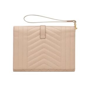 SAINT LAURENT WOMEN’S ENVELOPE FLAP POUCH IN MIX MATELASSÉ GRAIN DE POUDRE LEATHER DARK BEIGE