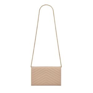 SAINT LAURENT CLASSIC CASSANDRE CHAIN WALLET IN GRAIN DE POUDRE LEATHER DARK BEIGE