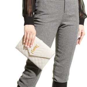 WOMEN’S SAINT LAURENT ENVELOPE TRIQUILT YSL WALLET ON CHAIN IN GRAINED LEATHER WHITE