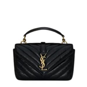 SAINT LAURENT WOMEN’S COLLEGE MINI CHAIN BAG IN SHINY CRACKLED LEATHER BLACK