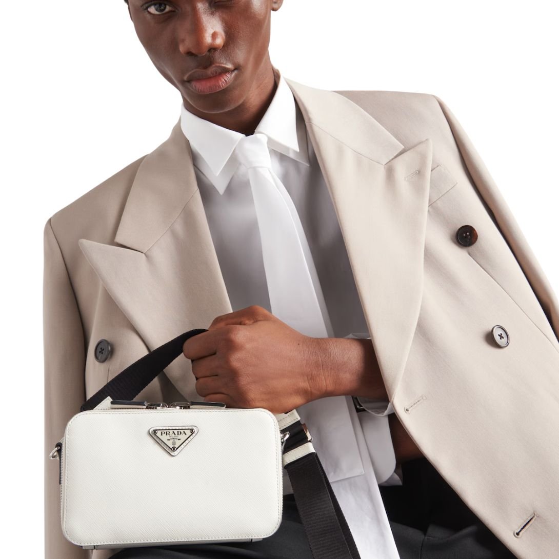 PRADA BRIQUE LEATHER SHOULDER BAG MEN WHITE