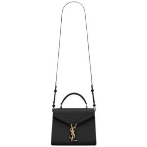 SAINT LAURENT WOMEN’S CASSANDRA MINI TOP HANDLE BAG IN GRAIN DE POUDRE EMBOSSED LEATHER BLACK