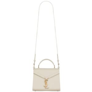 SAINT LAURENT WOMEN’S CASSANDRA MINI TOP HANDLE BAG IN GRAIN DE POUDRE EMBOSSED LEATHER BLANC VINTAGE