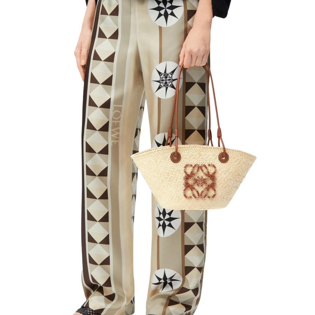 WOMEN LOEWE ANAGRAM BASKET IN IRACA PALM AND CALF LEATHER TAN