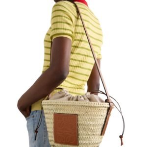 LOEWE PAULAS IBIZA LEATHER-TRIMMED RAFFIA BUCKET BAG