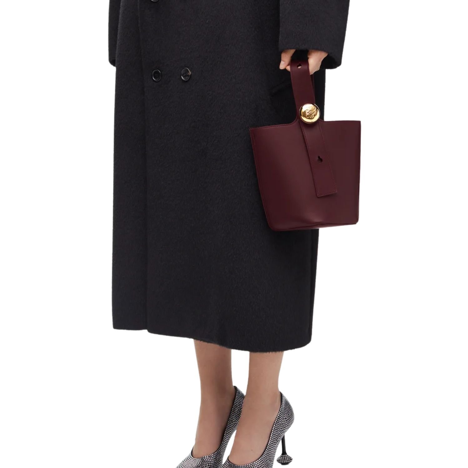 LOEWE PEBBLE MINI LEATHER TOTE DARK BURGUNDY