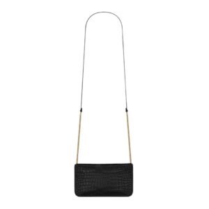 SAINT LAURENT CASSANDRE PHONE HOLDER IN SHINY CROCODILE-EMBOSSED LEATHER BLACK