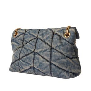 SAINT LAURENT PUFFER SMALL SUEDE-TRIMMED QUILTED DENIM SHOULDER BAG WOMEN