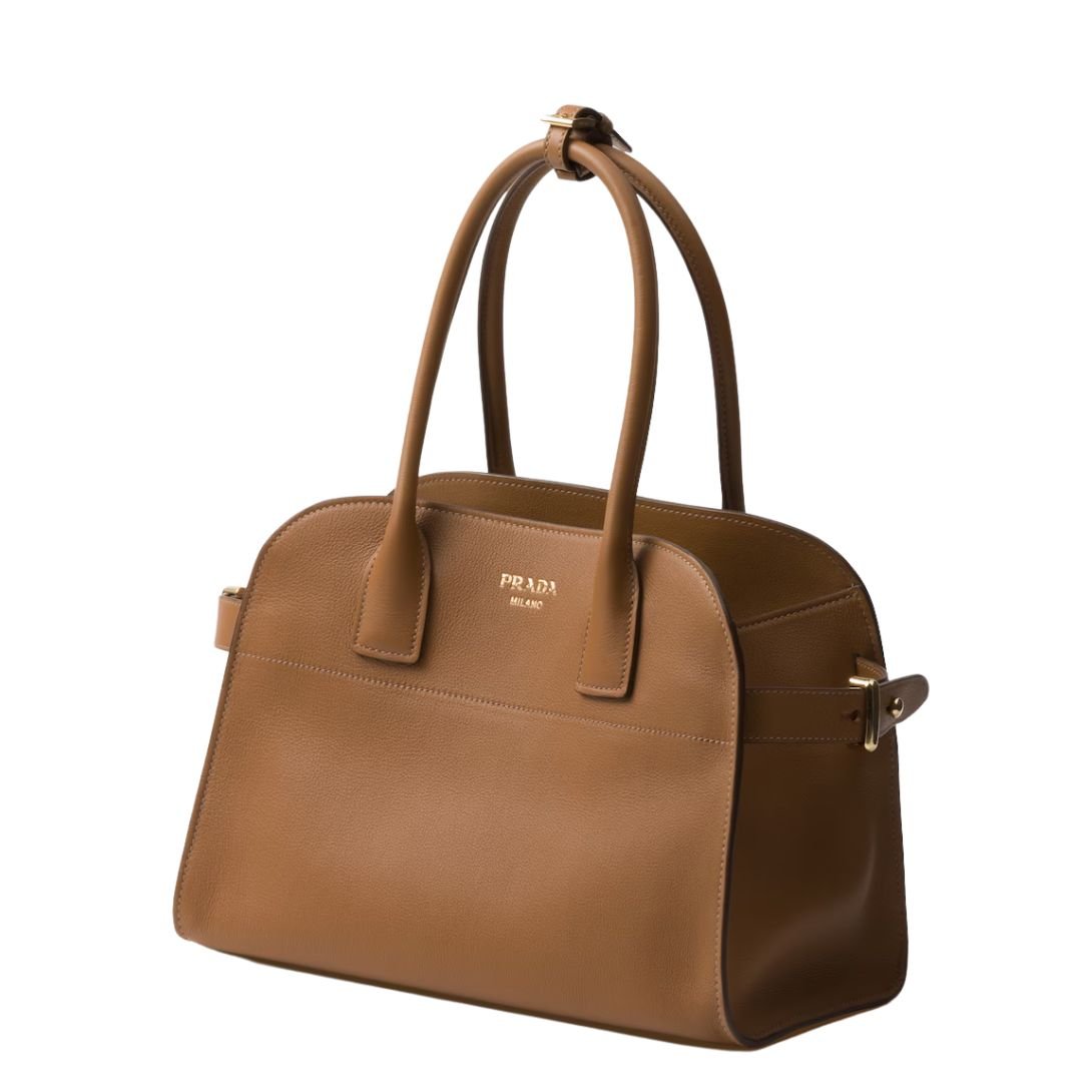 PRADA MEDIUM LOGO-STAMP LEATHER TOTE BAG WOMEN CARAMEL
