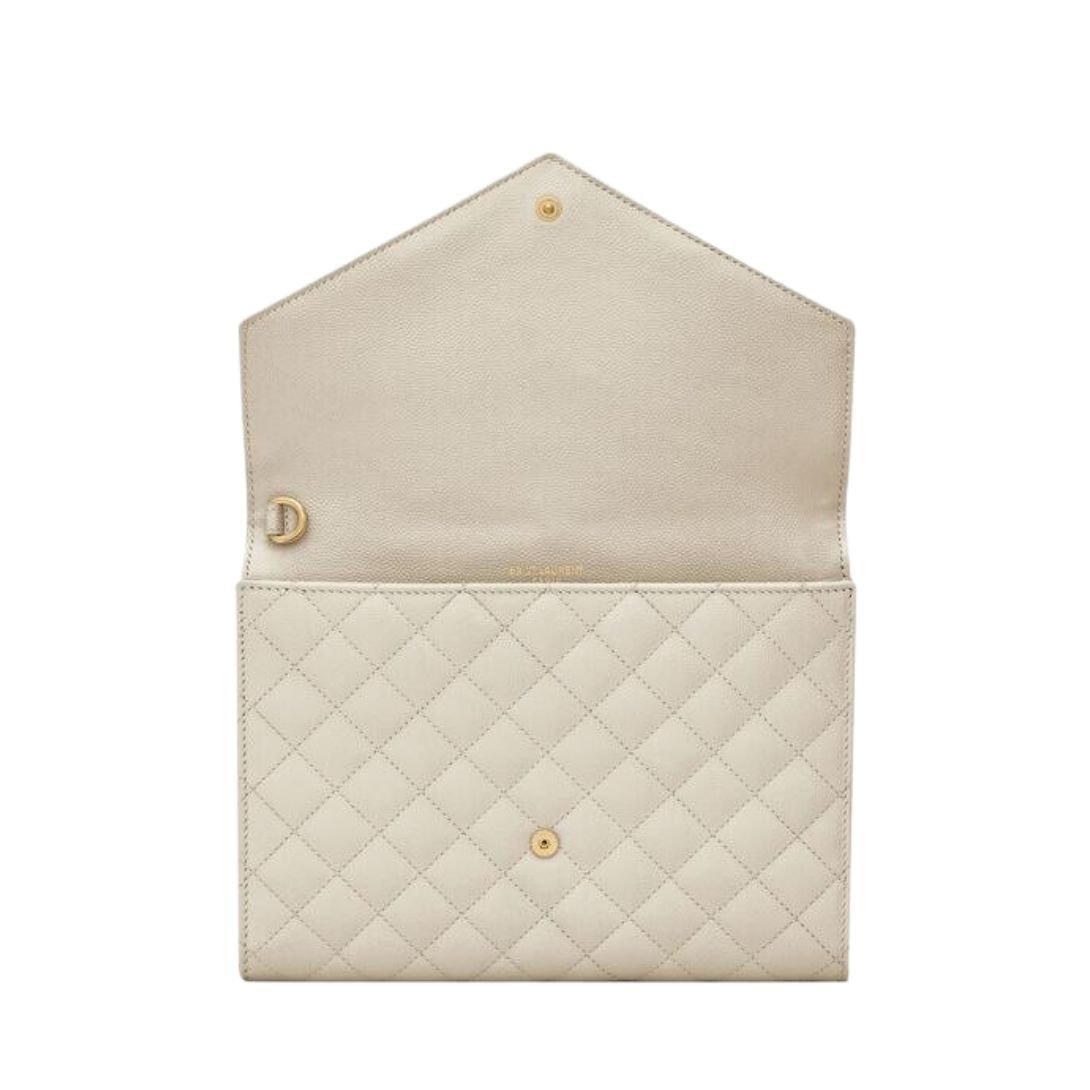 SAINT LAURENT WOMEN'S ENVELOPE FLAP POUCH IN MIX MATELASSÉ GRAIN DE POUDRE LEATHER BLANC VINTAGE