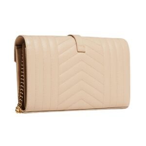 WOMEN’S SAINT LAURENT ENVELOPE TRIQUILT YSL WALLET ON CHAIN IN GRAINED LEATHER DARK BEIGE