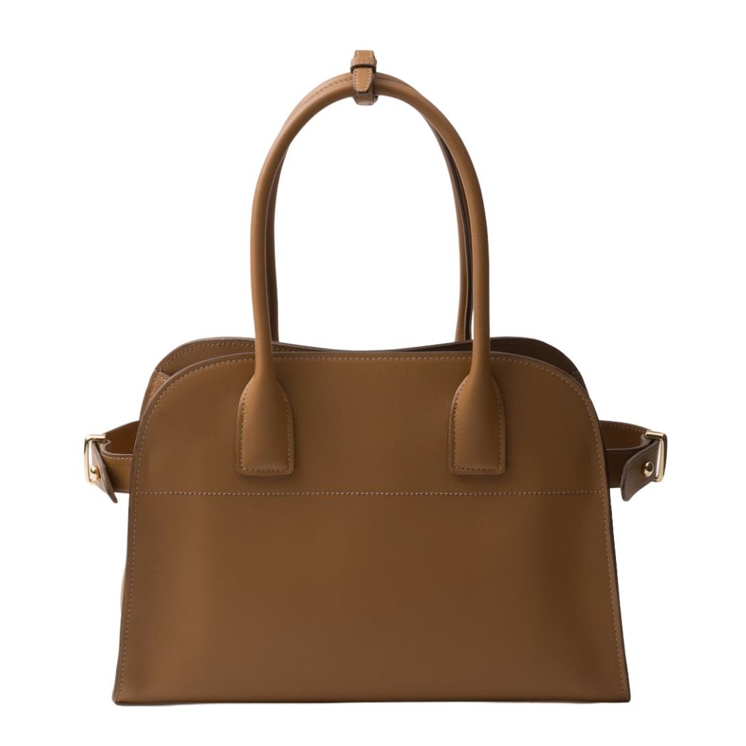 PRADA MEDIUM LOGO-STAMP LEATHER TOTE BAG WOMEN CARAMEL