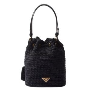 PRADA LOGO-EMBOSSED RAFFIA BUCKET BAG WOMEN BLACK