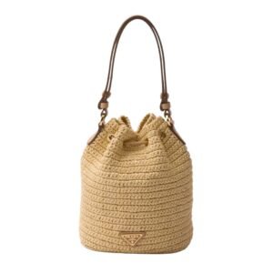 PRADA LOGO-EMBOSSED RAFFIA BUCKET BAG WOMEN NATURAL