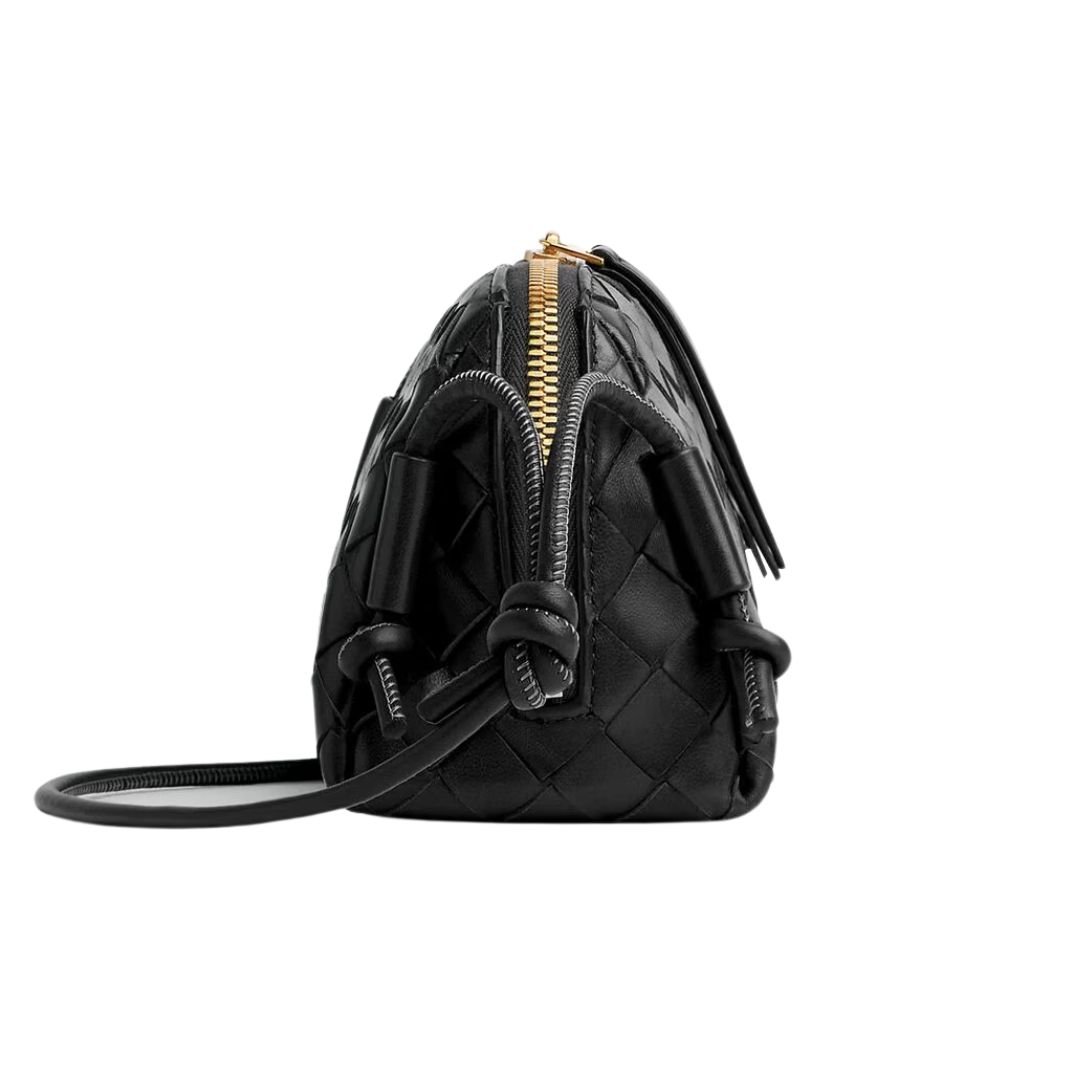 BOTTEGA VENETA CONCERT POUCH INTRECCIATO LEATHER SHOULDER BAG BLACK