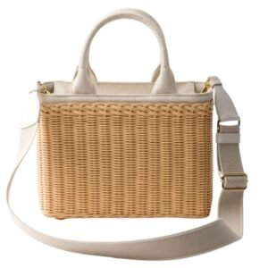 PRADA MEDIUM WICKER AND LINEN BLEND TOTE BAG WOMEN TAN WHITE