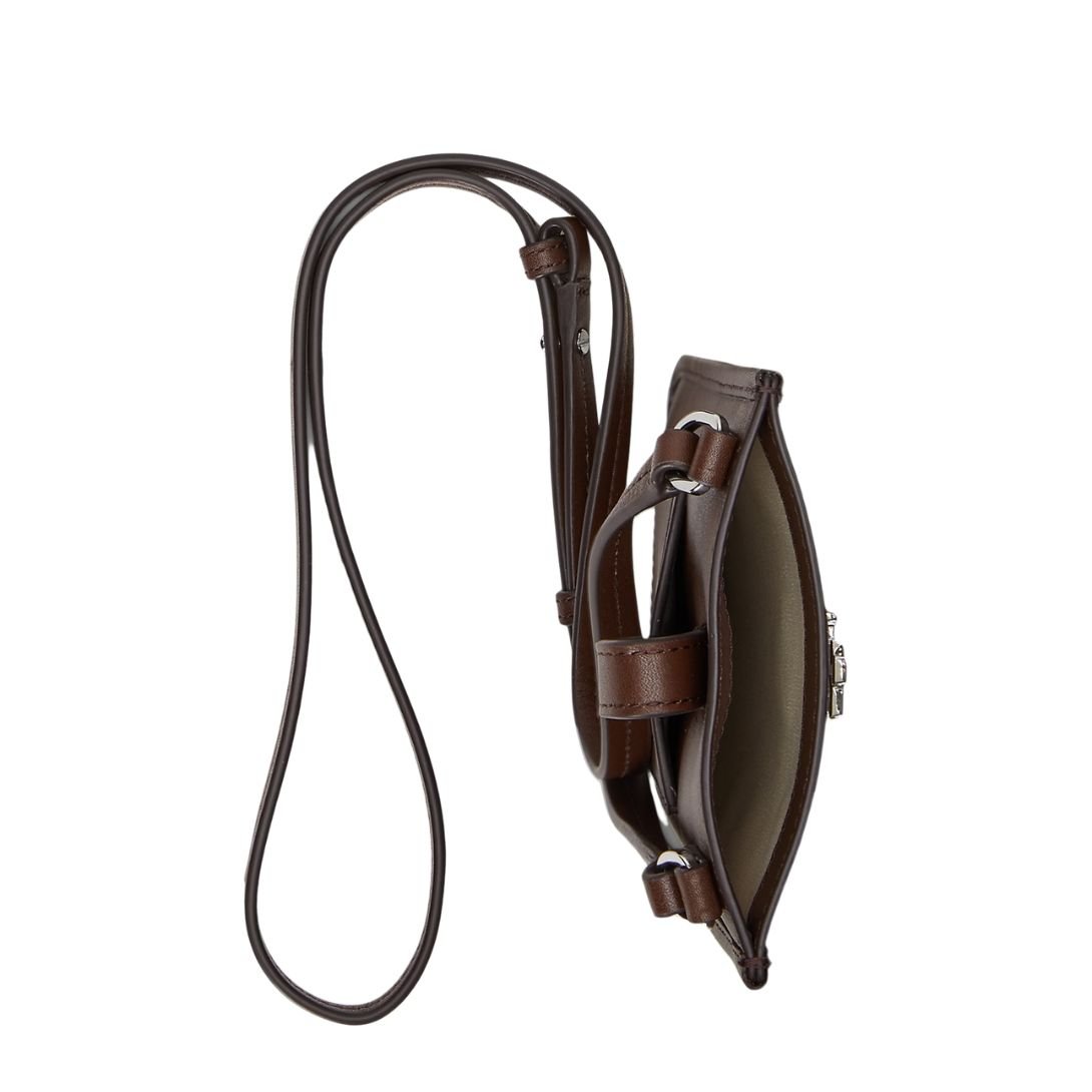 LAUREN RALPH LAUREN LEATHER CROSSBODY TECH CASE DARK MAHOGANY