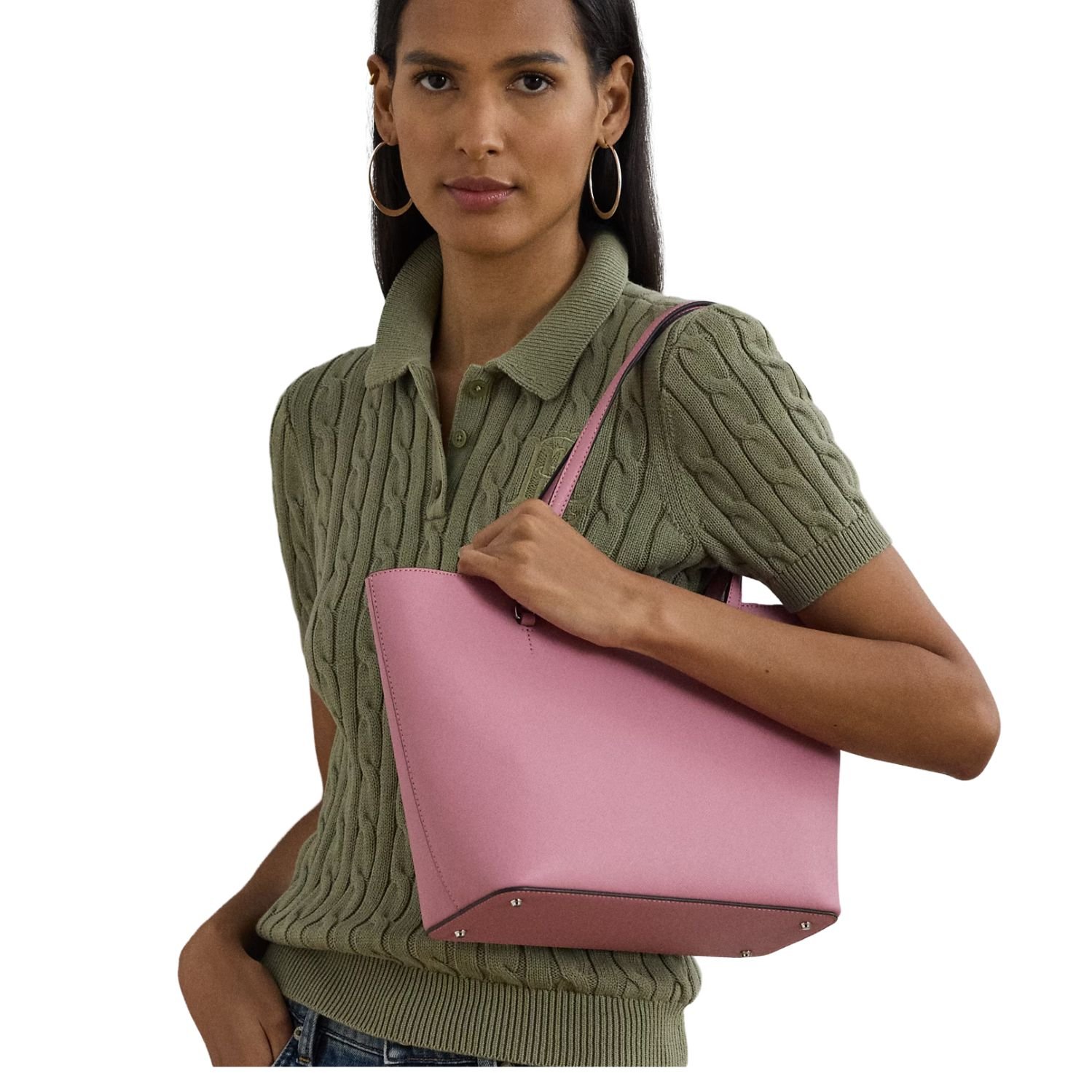 RALPH LAUREN CROSSHATCH LEATHER MEDIUM KARLY SHOPPER TOTE ROSE MAUVE