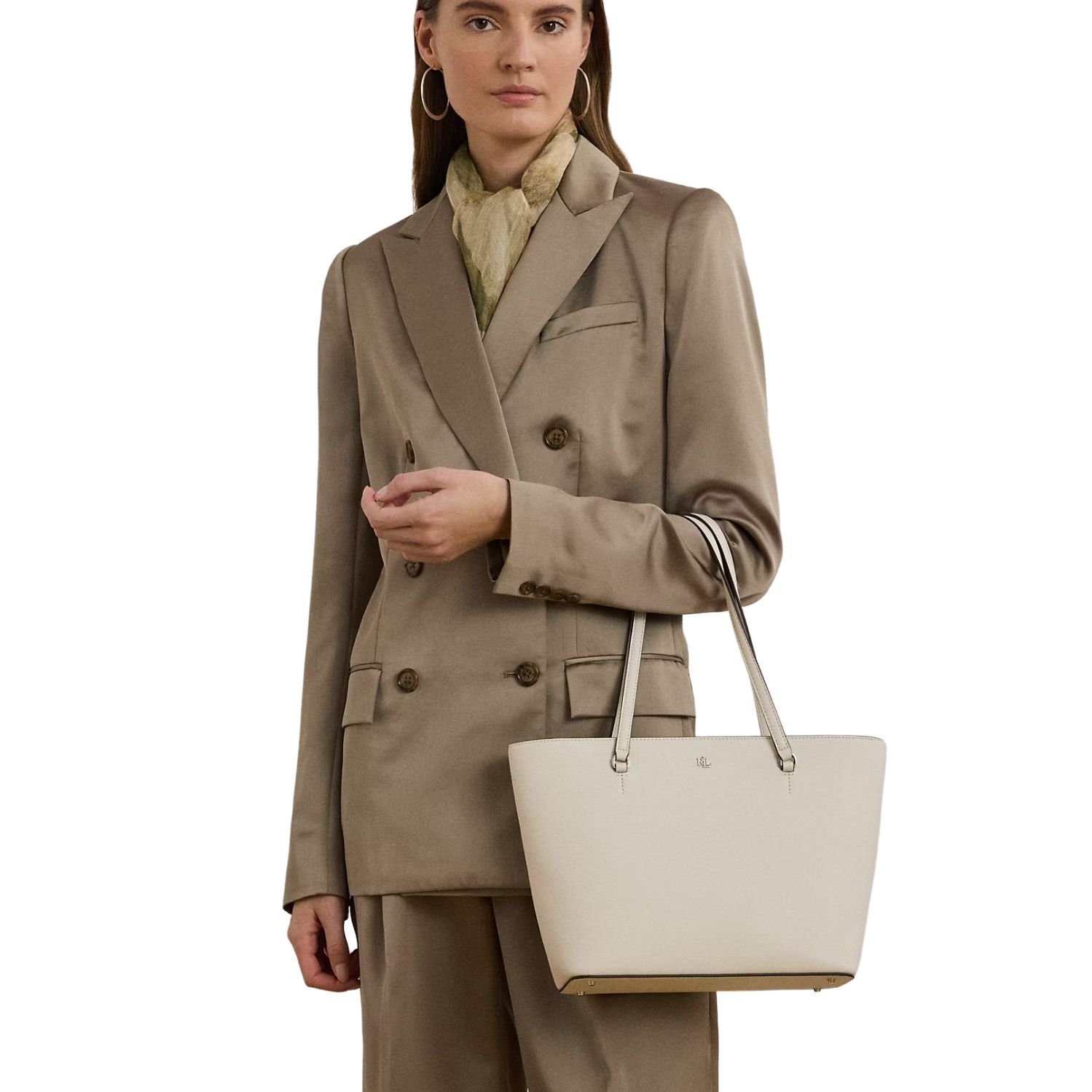 RALPH LAUREN CROSSHATCH LEATHER MEDIUM KARLY SHOPPER TOTE SOFT WHITE