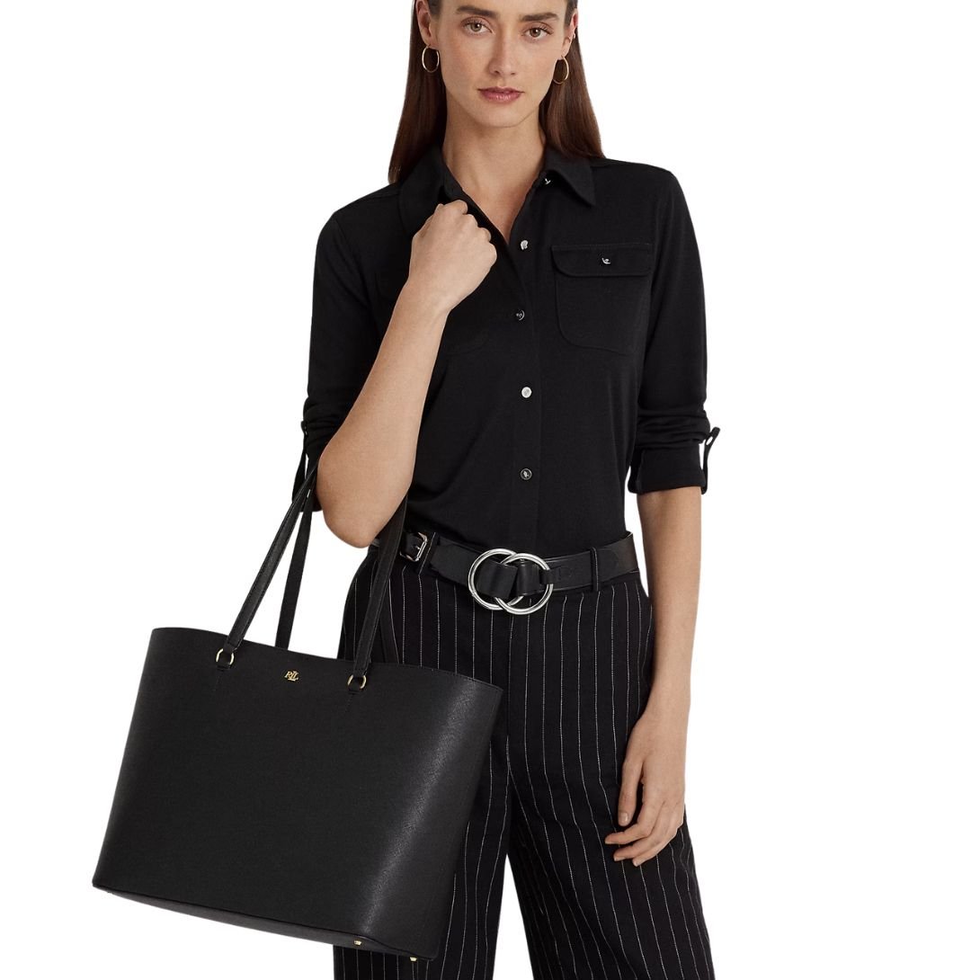 WOMEN'S RALPH LAUREN KARLY CROSSHATCH LEATHER LARGE TOTE BLACK