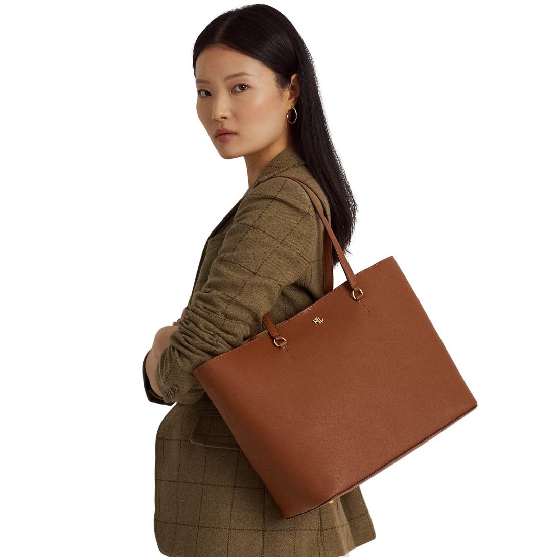 WOMEN'S RALPH LAUREN KARLY CROSSHATCH LEATHER LARGE TOTE TAN